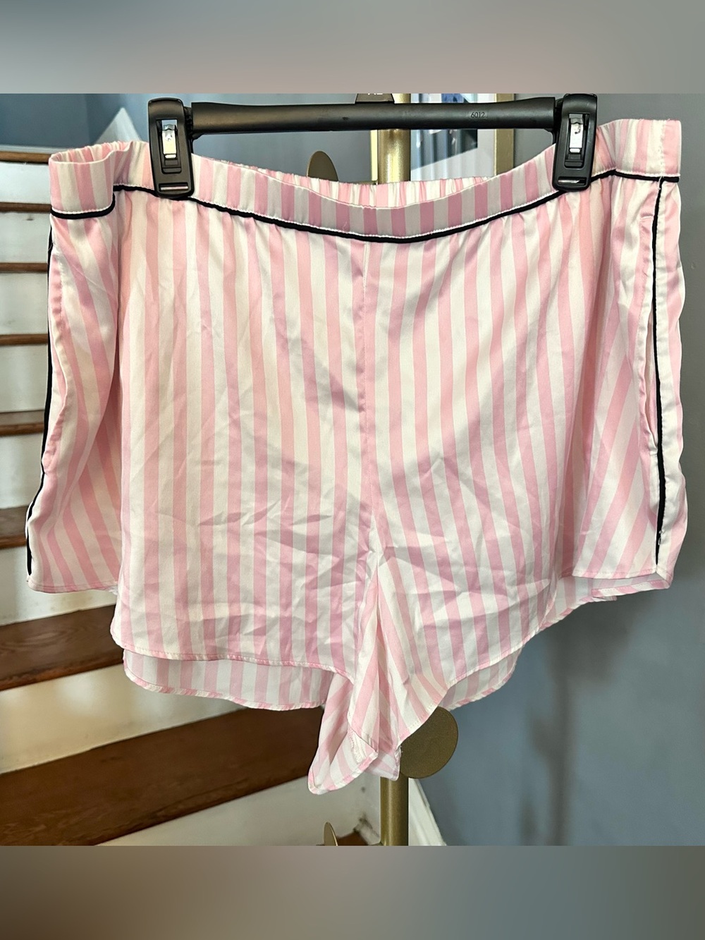 Victoria's Secret Pink and White Striped Satin Sleep Shorts with Black Piping